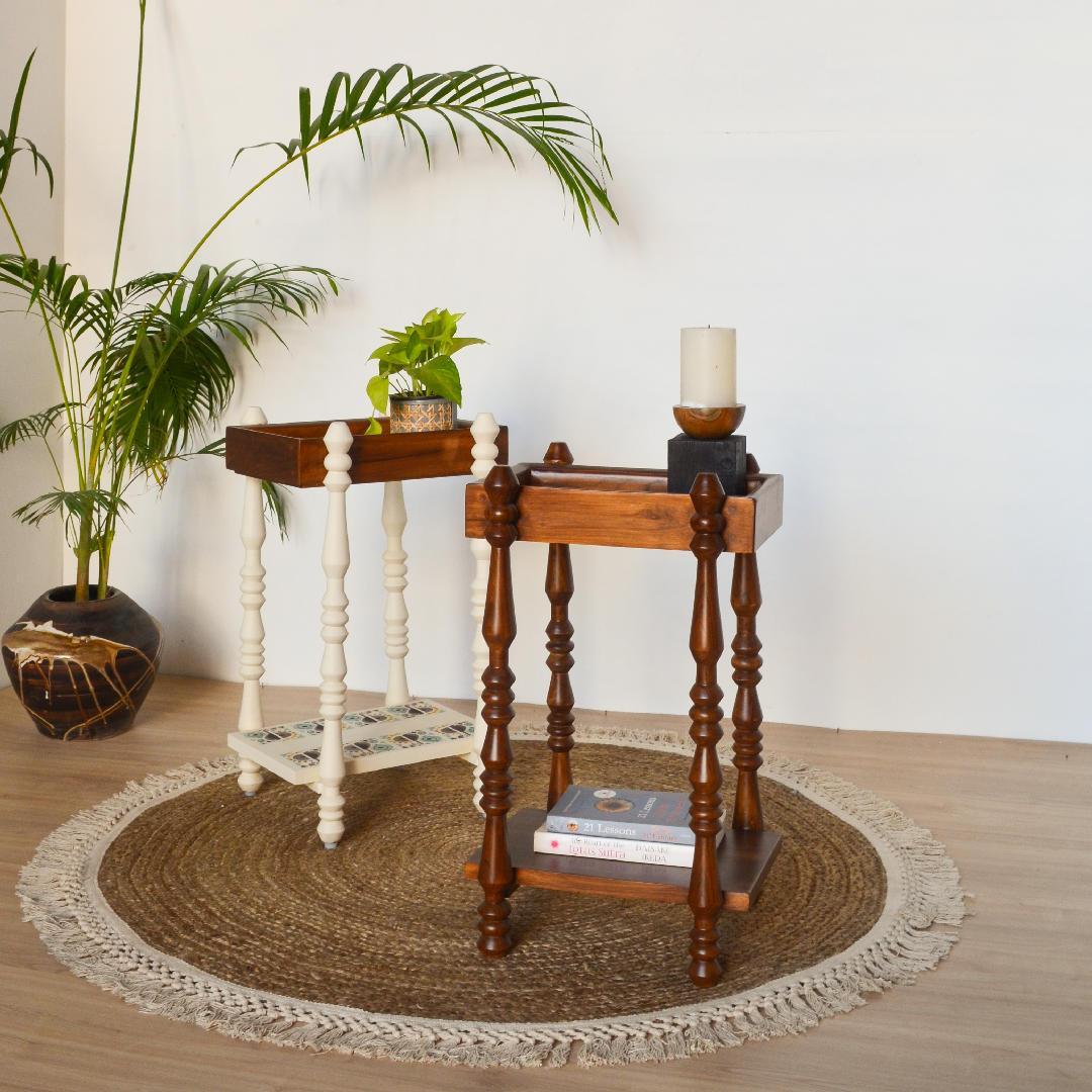 Modish Teak Wood End Table | Handcrafted Accent Table in White & Walnut | Side Table for Living Room
