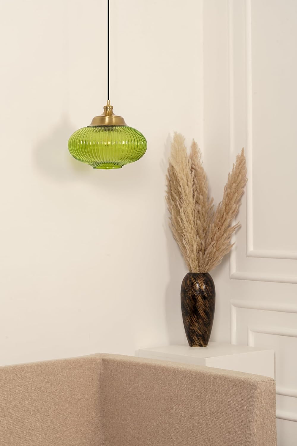 Ribbed Green Melon Glass Hanging Pendant Light Antique Brass Finish for Living Room, Bedroom, Home Decoration and Kitchen