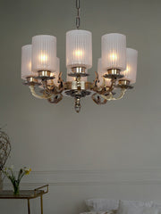 Classic 22 Inch Wide 8-Light Aluminium Ceiling Chandelier Hanging With Vertical Striped Cylindrical Glass Shades