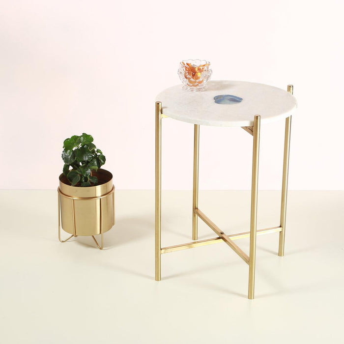 Sleek Marble and Agate Top and Round Metal Gold Accent Table