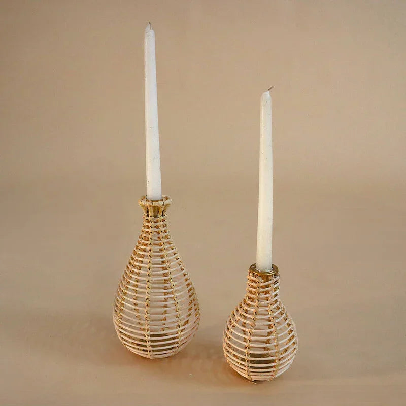 Pollen Candle Holder Set | Cane Weaving Decorative Candle Holders (Set of 2)