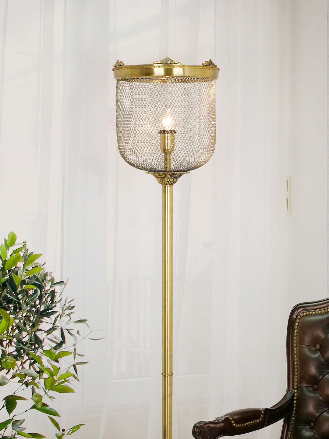 Gold 60 Inch Aluminium & Steel Wire Mesh Uplight Bell Jar Floor Lamp Light