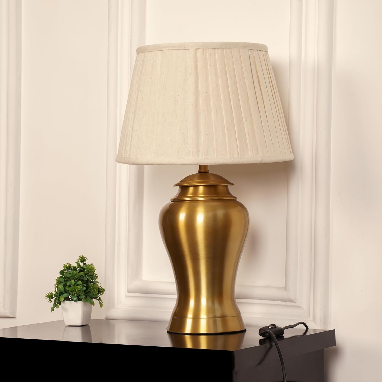 Royal Brass Antique Gold Finish Table Lamp 23 Inches Height With Off White 14 Inches Pleated Diameter Lampshade