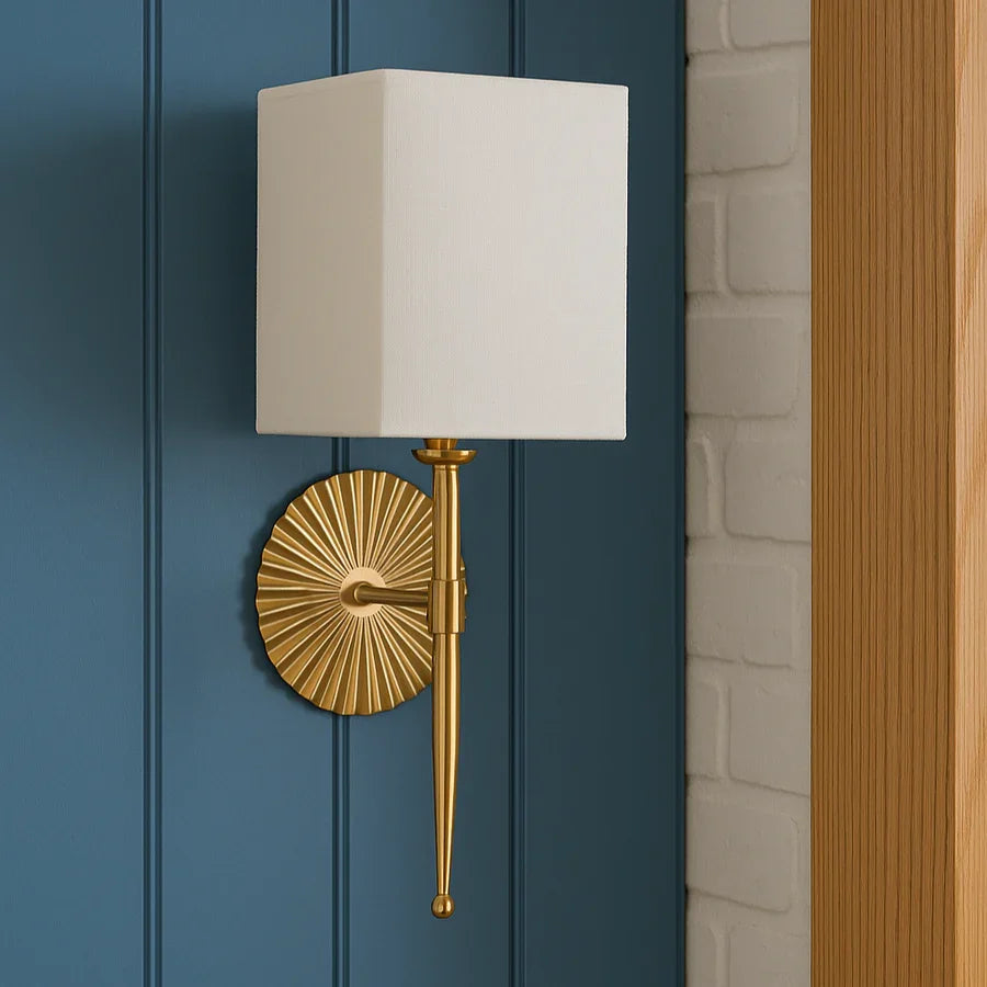 Golden Wall Light with White Fabric Shade