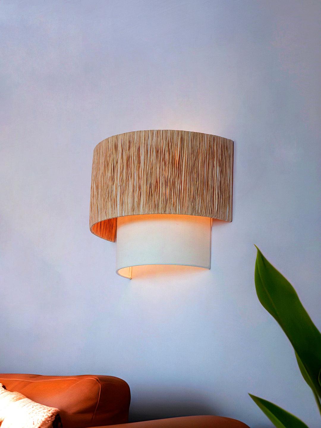 12-Inch Half Concentric Drum Wall Sconce with Raffia and White Fabric Shades