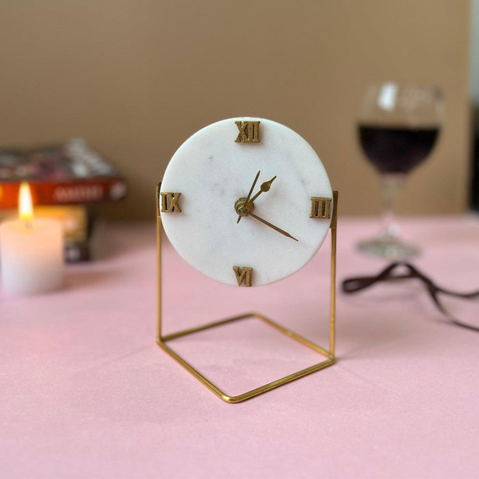 Diamond Marble Desktop Clock with Metal Stand | Showpiece Clock for Table