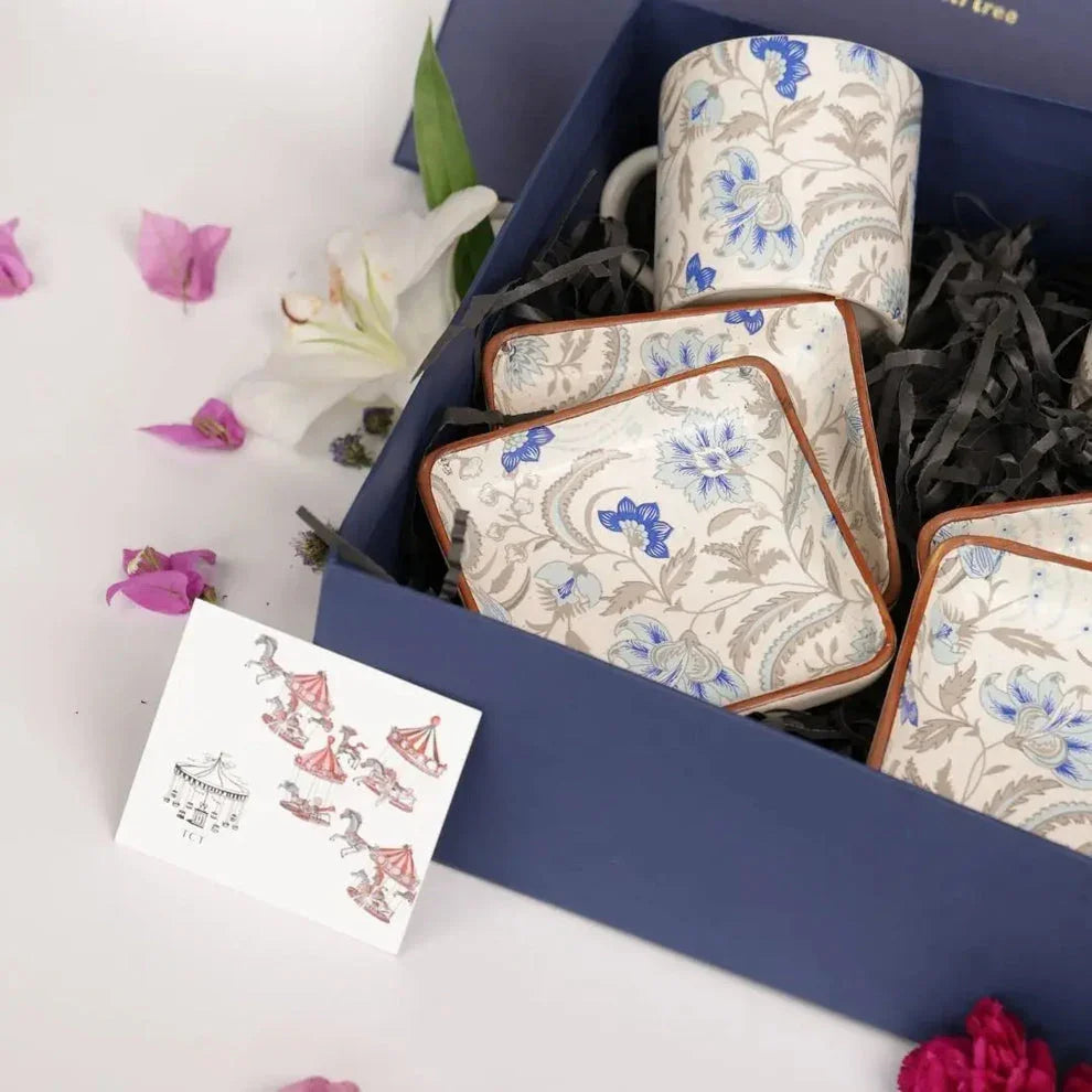 Azure Bloom Gift Box – Premium Stoneware 4 Pcs Serving Platters & 2 Pcs Mugs Set
