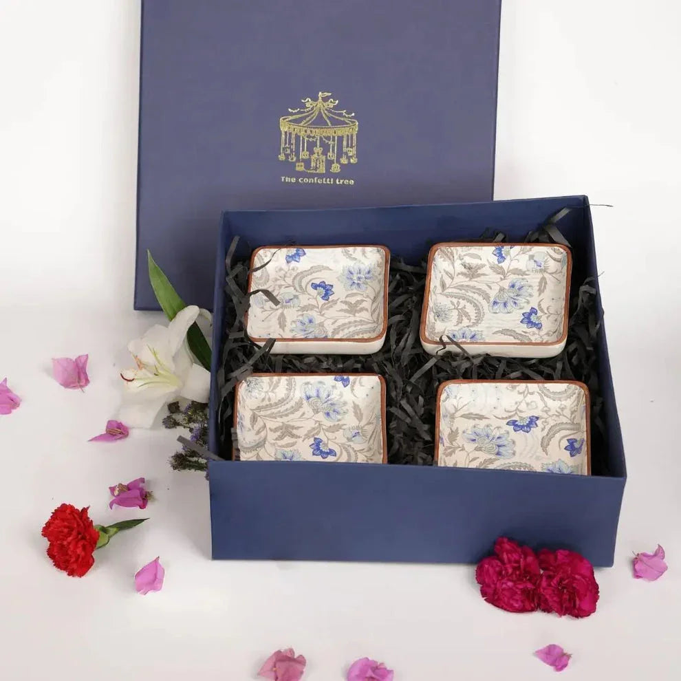 Blue Blossom Gift Box – Set of 4 Stoneware Floral Platters | Premium Festive Gift Set