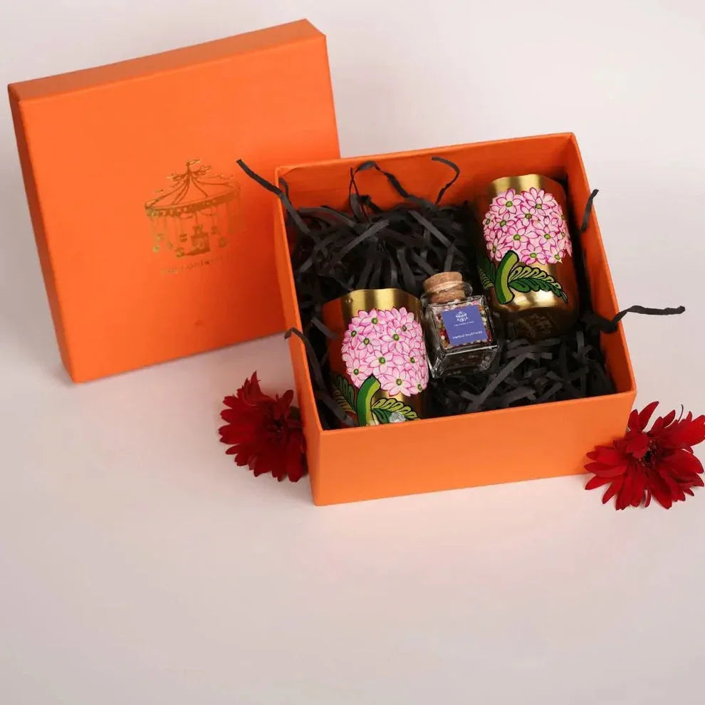 Regal Bloom Brass Gift Box | Luxury Handcrafted 2 Pcs Brass Tumblers & 1 Pc Mukhwas Jar | Premium Wedding, Festive & Housewarming Gift Set