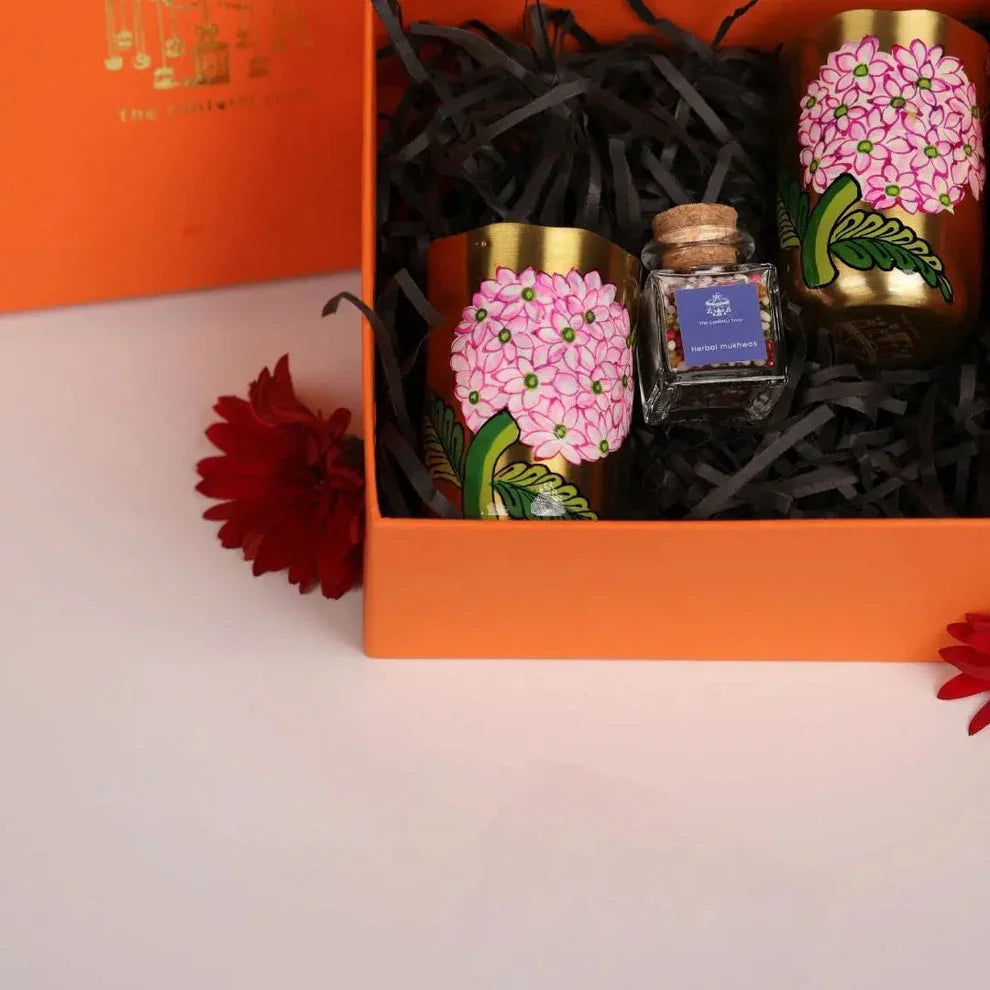 Regal Bloom Brass Gift Box | Luxury Handcrafted 2 Pcs Brass Tumblers & 1 Pc Mukhwas Jar | Premium Wedding, Festive & Housewarming Gift Set