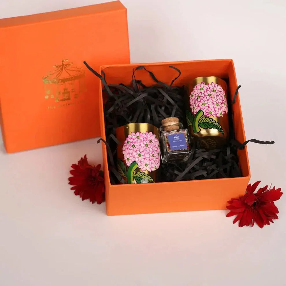 Regal Bloom Brass Gift Box | Luxury Handcrafted 2 Pcs Brass Tumblers & 1 Pc Mukhwas Jar | Premium Wedding, Festive & Housewarming Gift Set