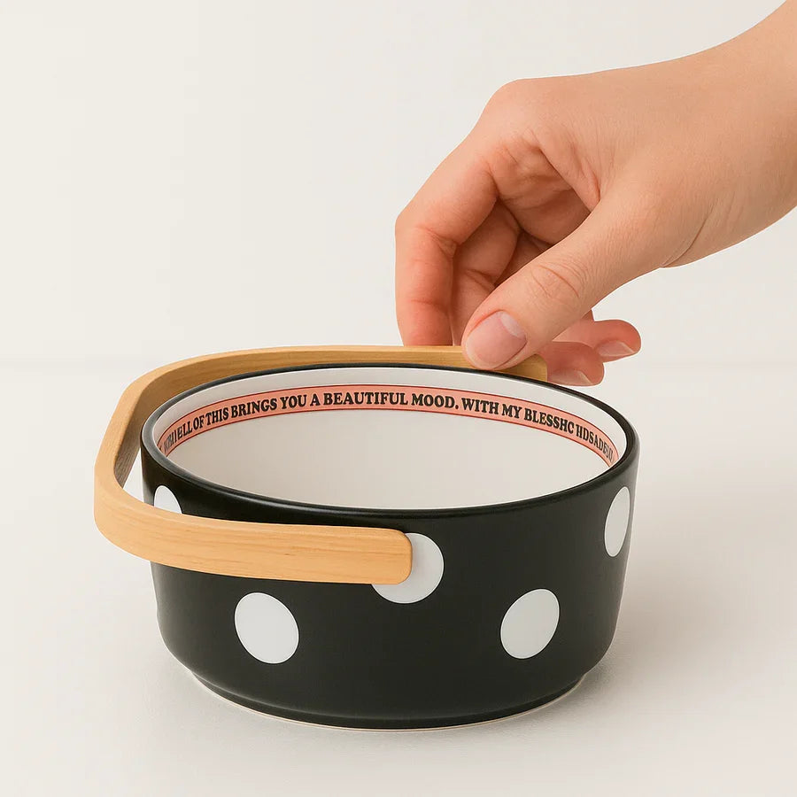 Polka Dot Ceramic Basket with Wooden Handle – Multipurpose Bowl for Snacks, Fruits & Décor