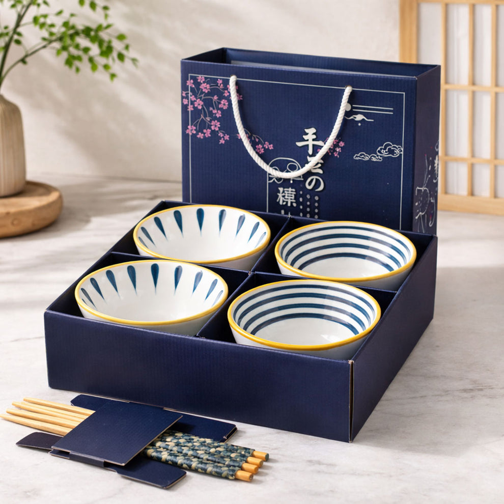 250ml Ceramic Bowl Set of 4 with 8 Chopsticks | 11.3 cm Snack & Rice Bowls | Microwave & Dishwasher Safe | BPA & Lead-Free | Ideal for Dal, Fruits, Salad & Serving
