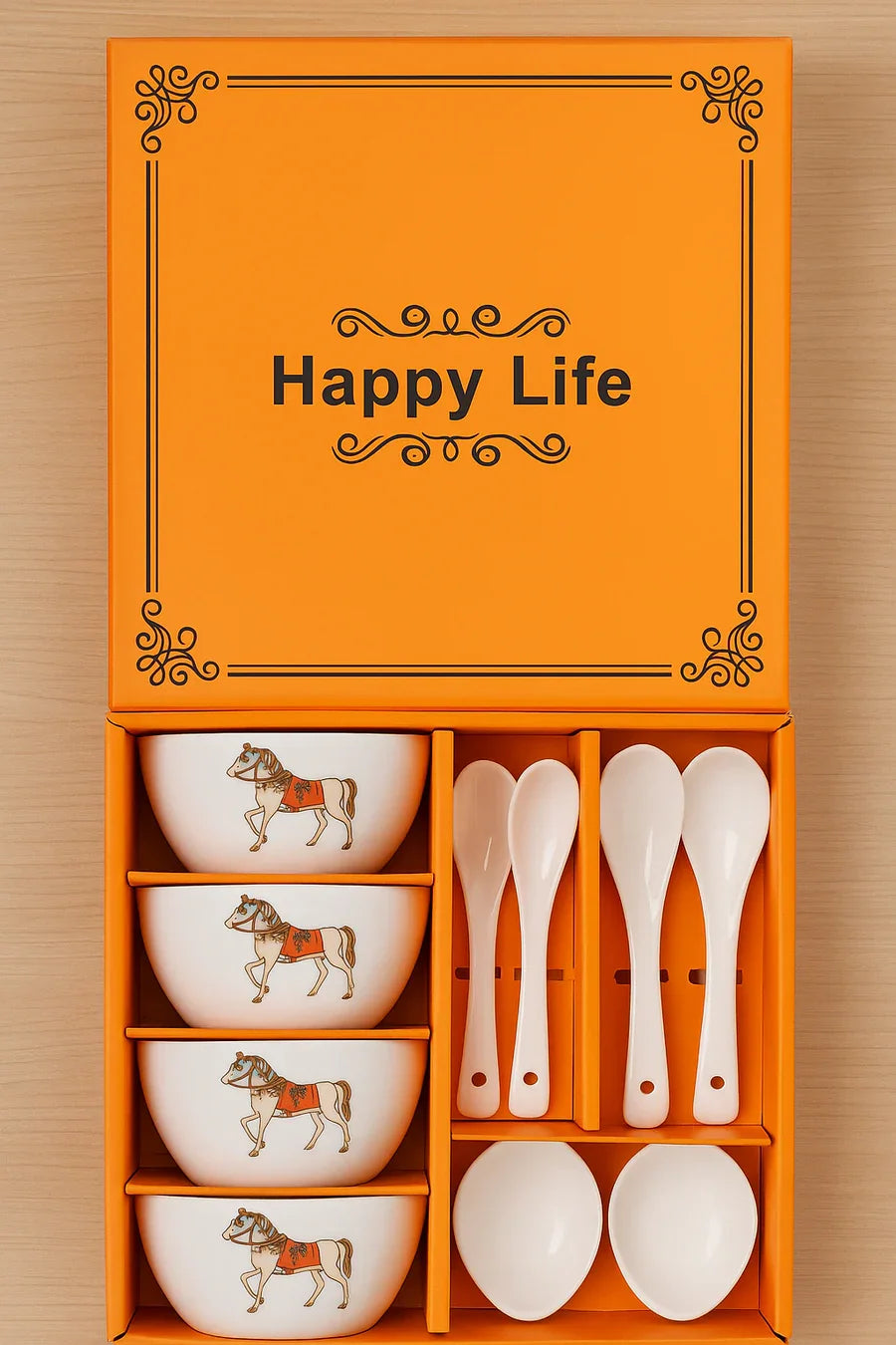 Ceramic Soup Bowl Set with Spoons | 4 Bowls & 4 Soup Spoons | Horse Print Design | Elegant Gift Box for Dining & Gifting