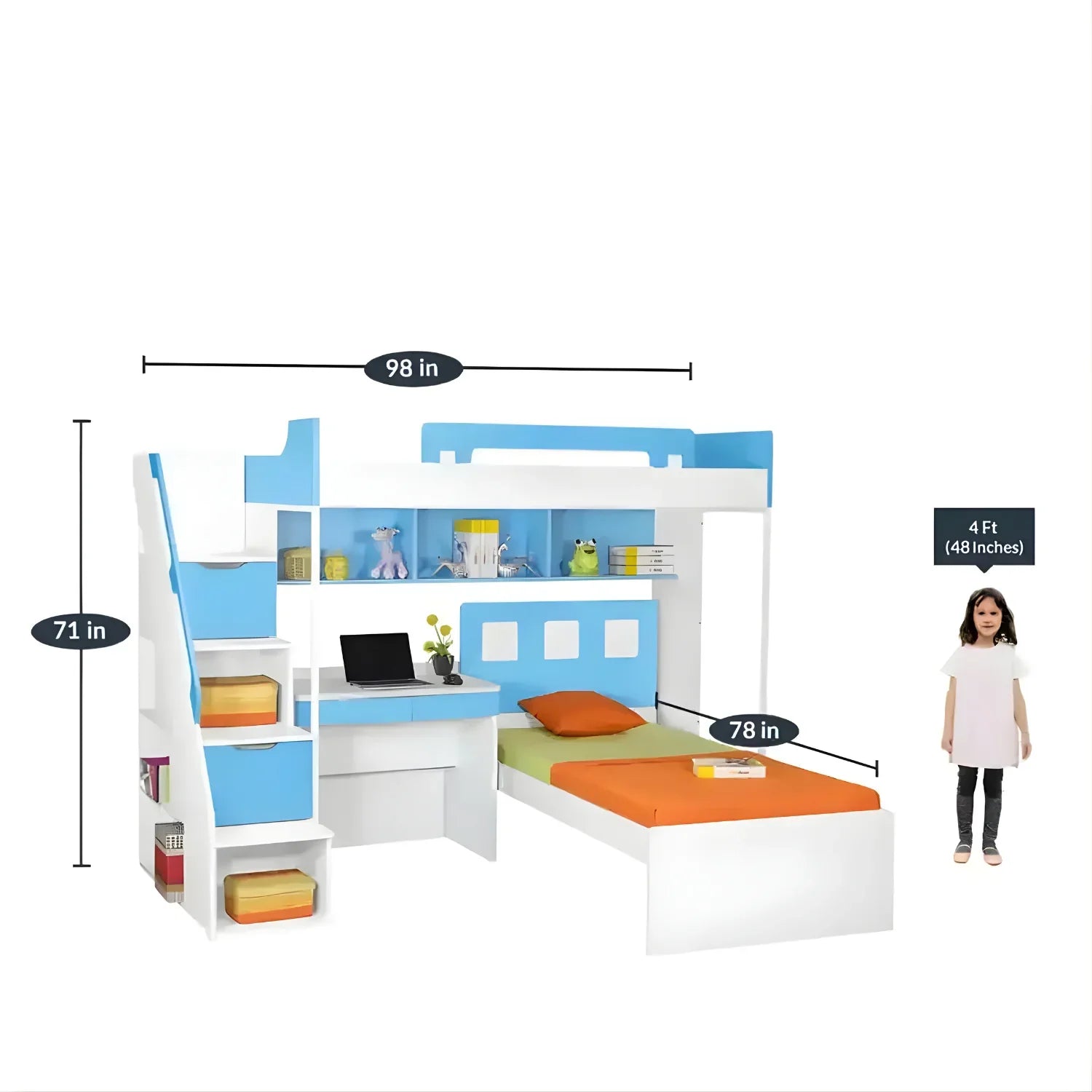 Secure Ladder Access Bunk Bed with Study Table in (Blue & White)