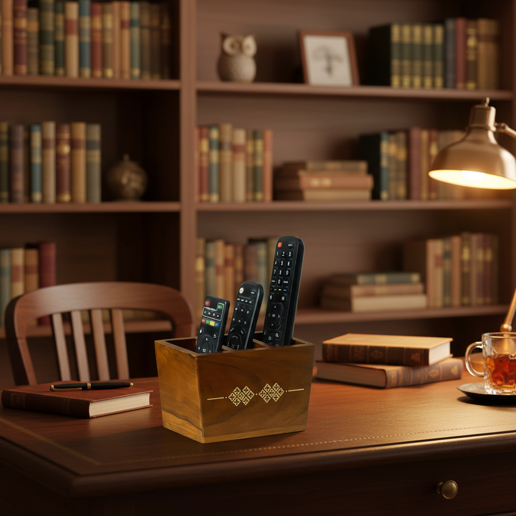 Teak Wood Remote Holder | 3 Section Wooden Organizer | Wooden Pen Stand