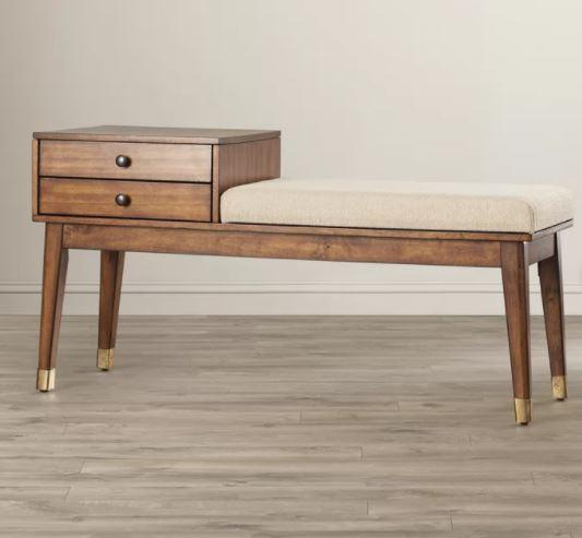 Neuf Sheesham Wood Fabric Bench with Storage Drawers | Entryway Seating for Living Room & Bedroom