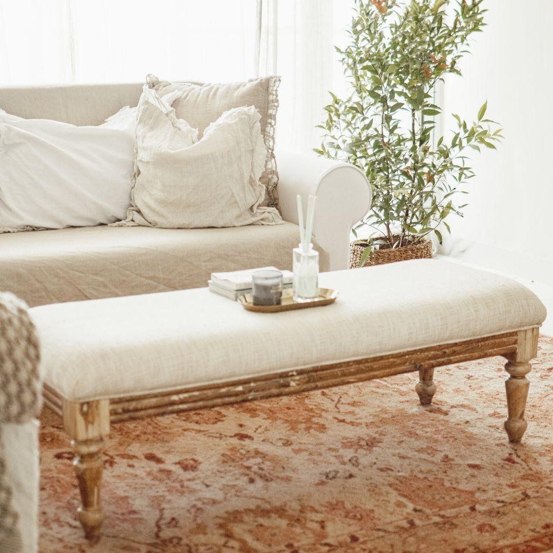 Distressed White Jacquard Fabric Bench | Teakwood Seating for Living Room, Dining Room