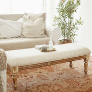 Distressed White Jacquard Fabric Bench | Teakwood Seating for Living Room, Dining Room