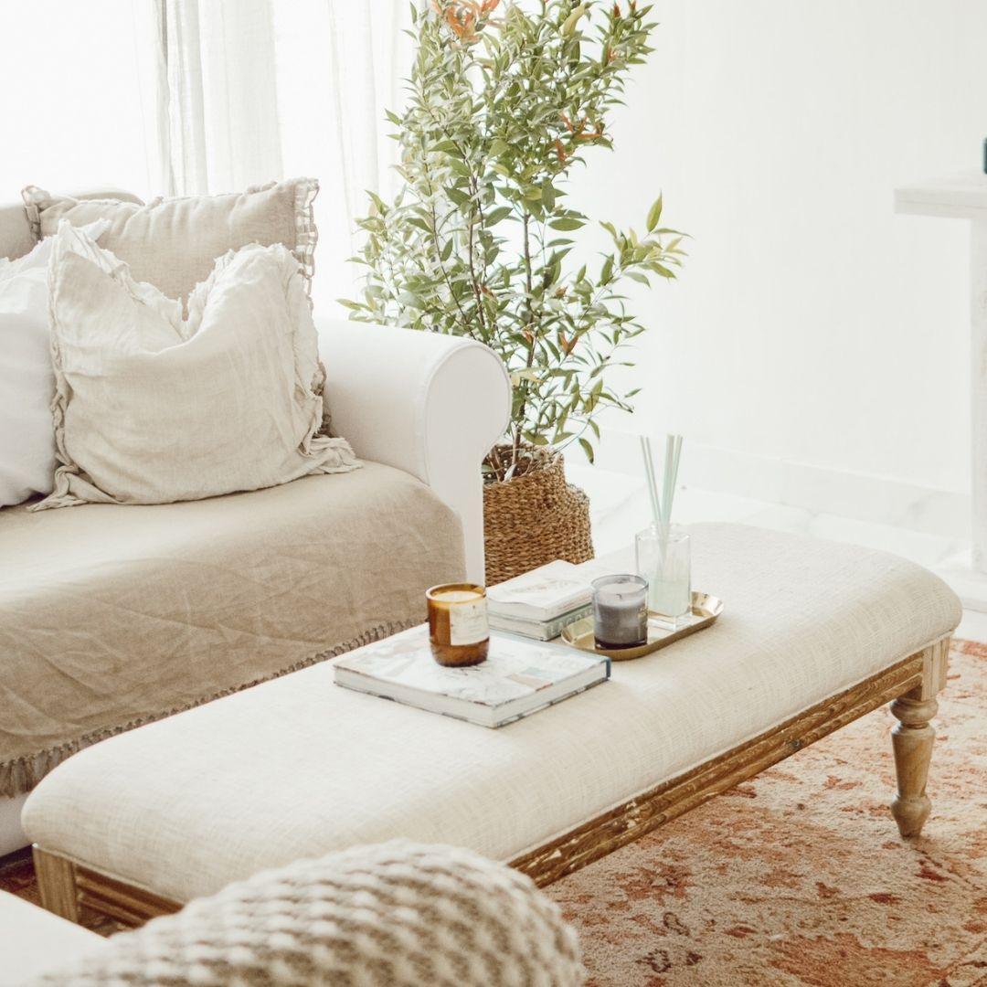 Distressed White Jacquard Fabric Bench | Teakwood Seating for Living Room, Dining Room