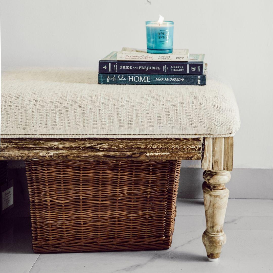 Distressed White Jacquard Fabric Bench | Teakwood Seating for Living Room, Dining Room