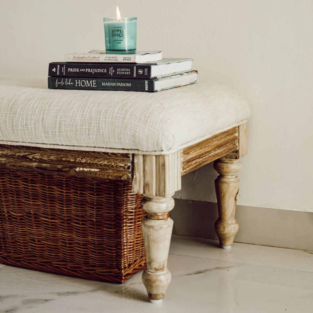 Distressed White Jacquard Fabric Bench | Teakwood Seating for Living Room, Dining Room