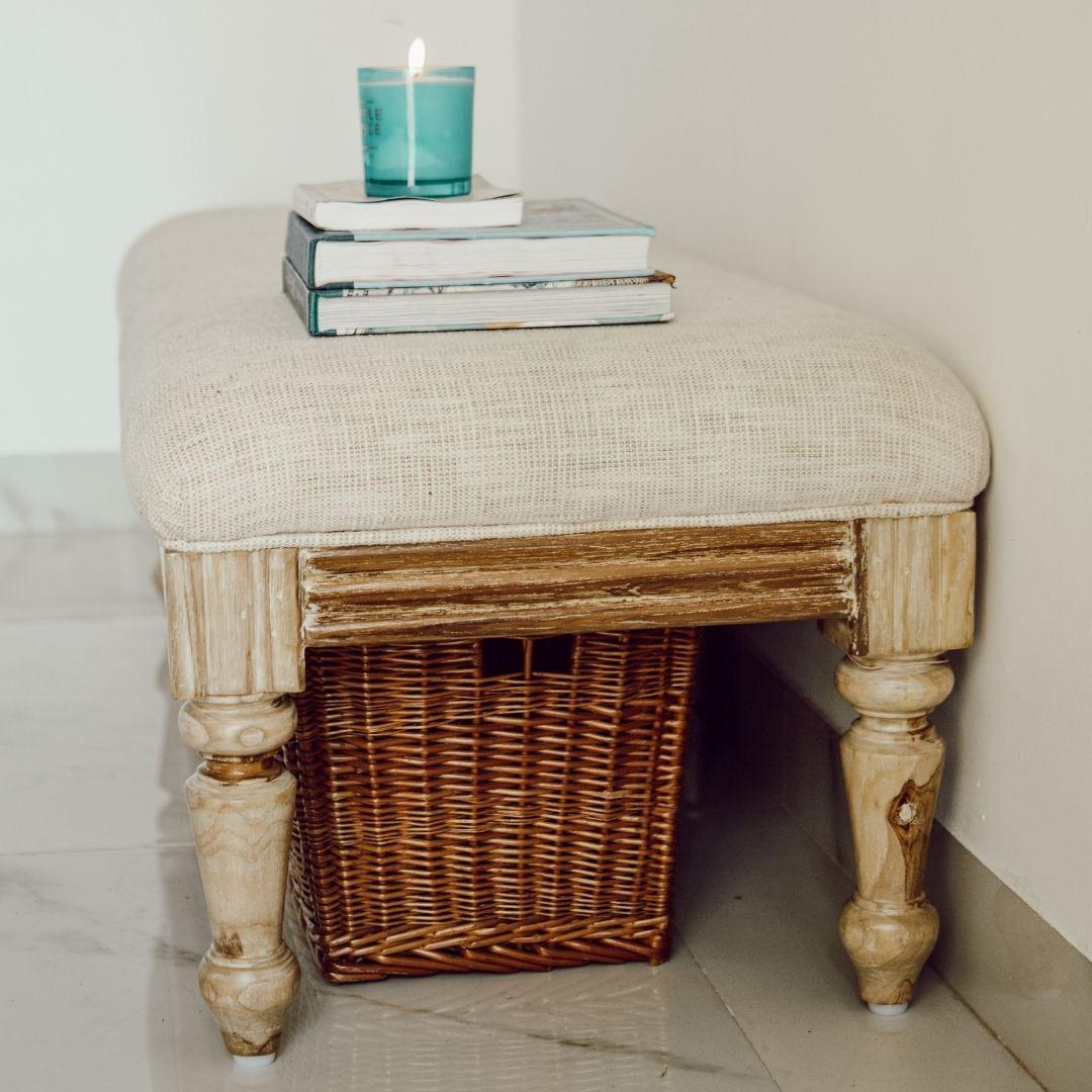 Distressed White Jacquard Fabric Bench | Teakwood Seating for Living Room, Dining Room