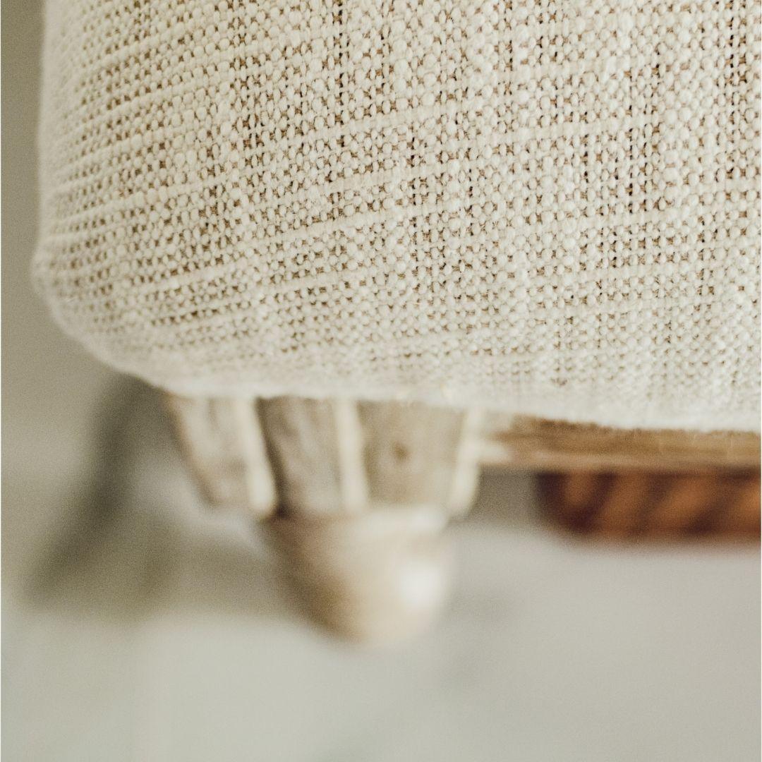 Distressed White Jacquard Fabric Bench | Teakwood Seating for Living Room, Dining Room