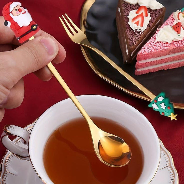 Christmas Folk And Spoon Gold Set | Premium Golden Dessert Spoon and Fork Set