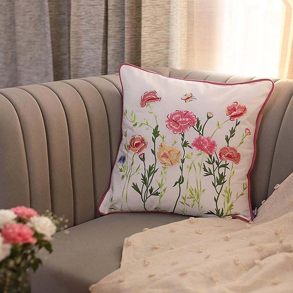 Enchanted Garden Cushion Cover | Hand Embroidered Cotton Cushion Cover | Multicolour Decorative Sofa Pillow Cover