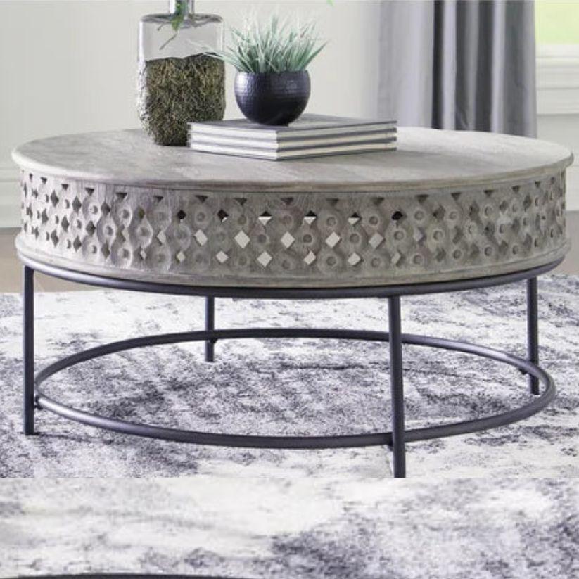 Carved Solid Wood Coffee Table With Iron Stand |  Mango Wood