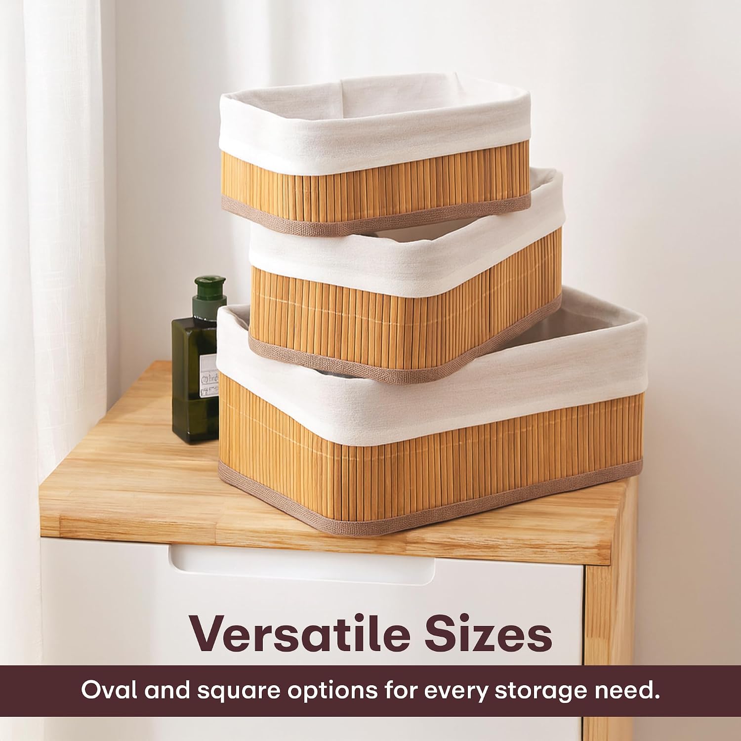 Eco-Friendly Natural Bamboo Storage Rectangular Basket Bins Organizer, Pack of 3 - Brown