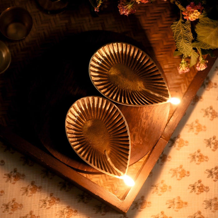 Reti Decorative Brass Diya Large Set of 2 | T Light For Mandir & Festive Decor