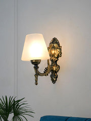 Antique Brass Finish 11 Inch Single Light Steel Wall Lamp With Tapered Frosted Glass Shade