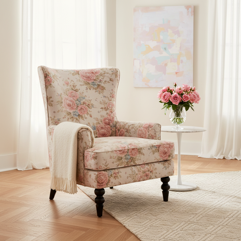 Blush Rose Vintage Floral Accent Chair