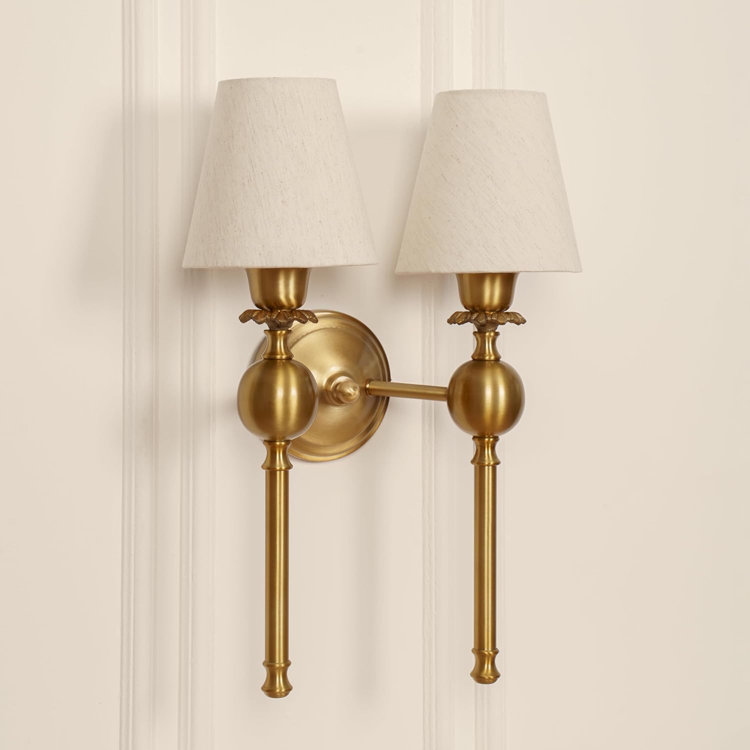 Double Ball Wall Lamp Antique Brass Finish with Off White Shade for Living Room, Bedroom and Home Decoration