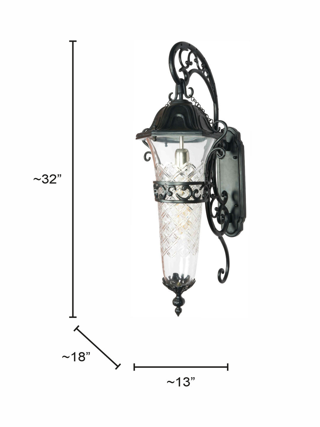 Large 32 Inch Traditional Victorian-Style Black Outdoor Aluminium & Cut-Glass Single Wall Lamp Light