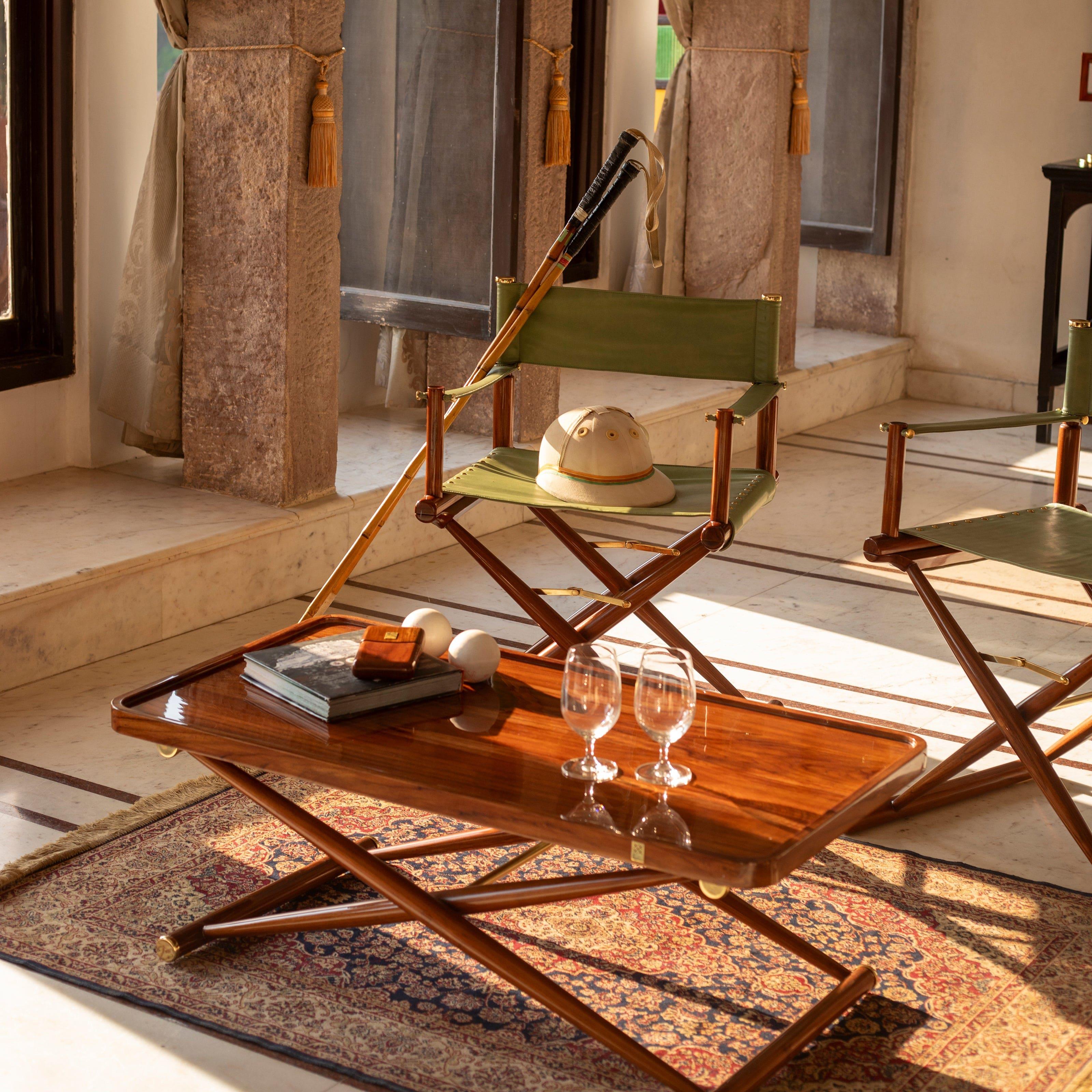 Teak Wood Coffee Table with Brass Base | Designer Center Table for Living Room & Outdoor Use
