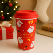 Christmas Ceramic Mug with Red Silicone Lid – 400 ml Coffee & Tea Cup-Pink