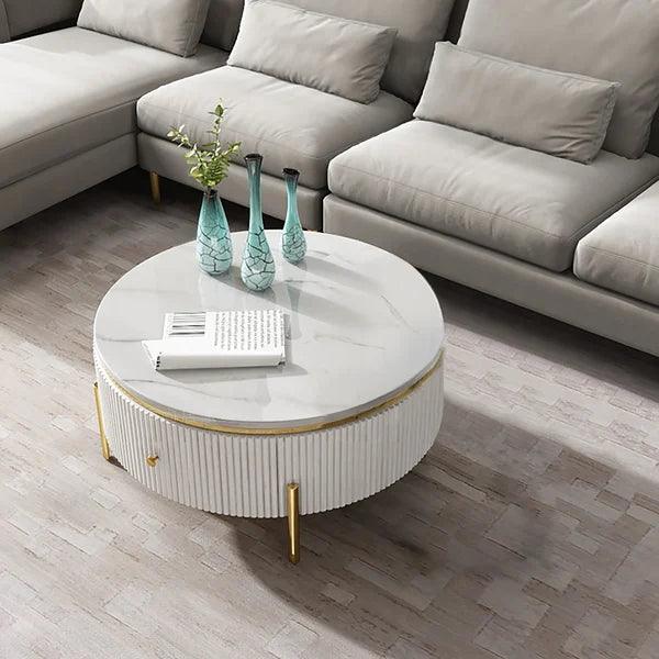 Wood & Steel Belly Modern Round Coffee Table With Storage For Living Room