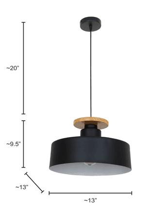 13-inch Black Modern Nordic Pendant Light with Wooden Base
