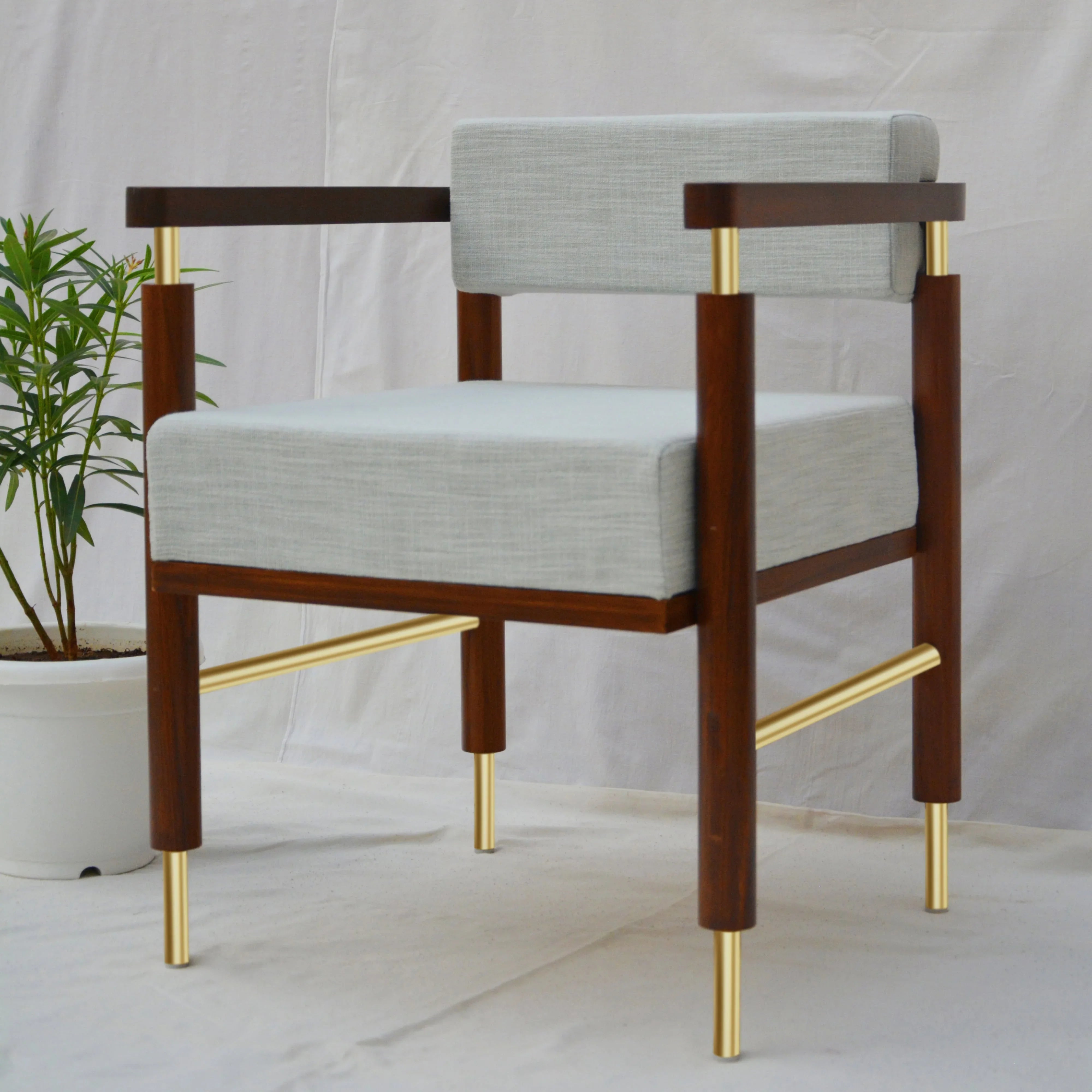 Loaf Solid Wood Arm Chair | Designer Lounge Chair with Brass Accents for Living & Dining Room