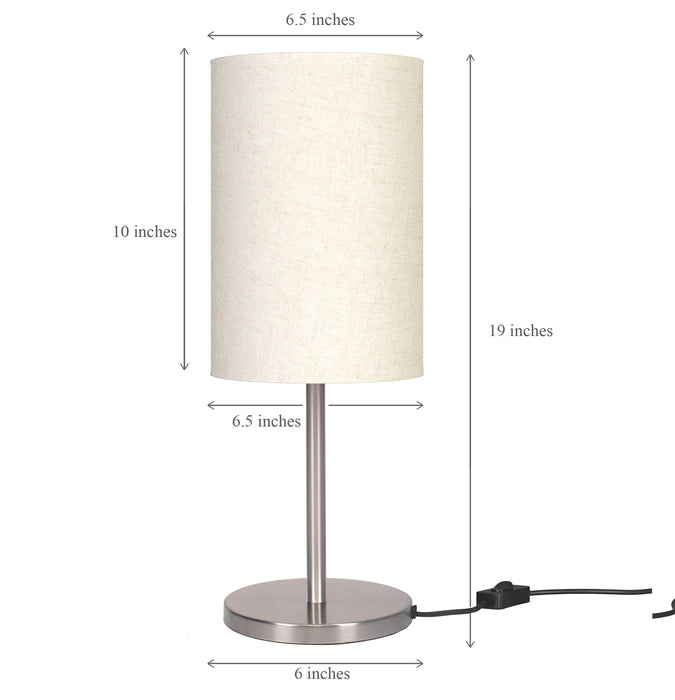 Bedroom Table Lamp Sleek Silver 19 inches Height with Off White Cylinder Lampshade