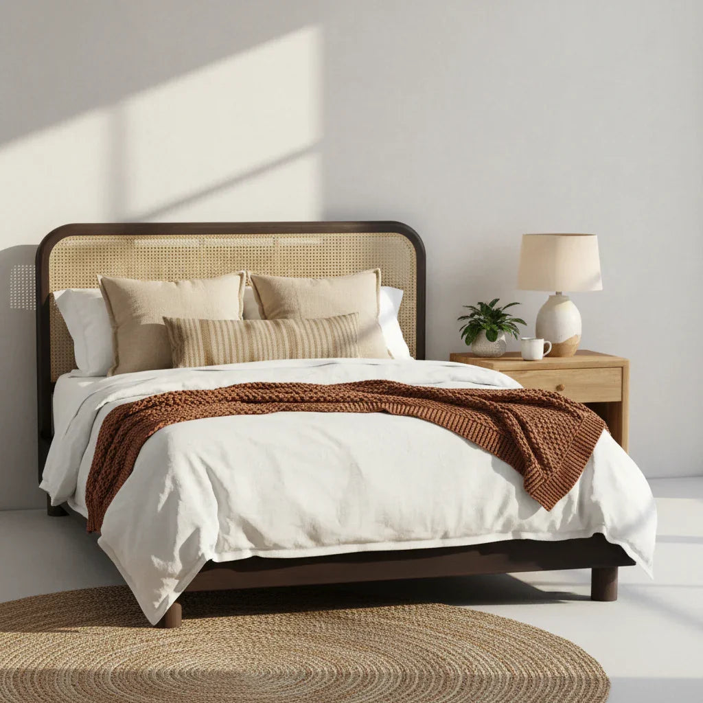 Morielle Solid Teak Wood And Cane King Size Bed