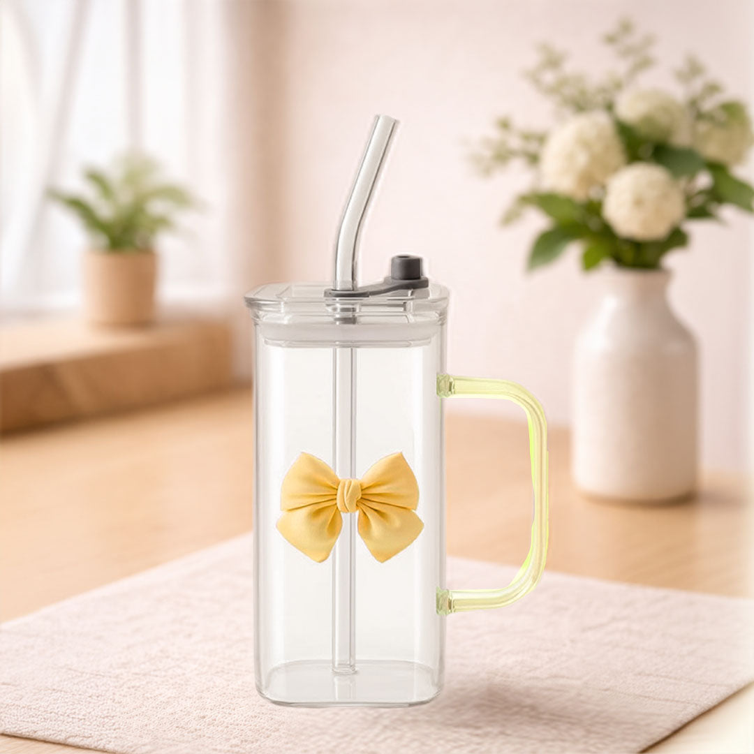 Borosilicate 400ml Glass Straw Cup with Lid & Handle | Square Transparent Coffee Mug with Cute Bow | Heat Resistant BPA Free Reusable Drinking Tumbler