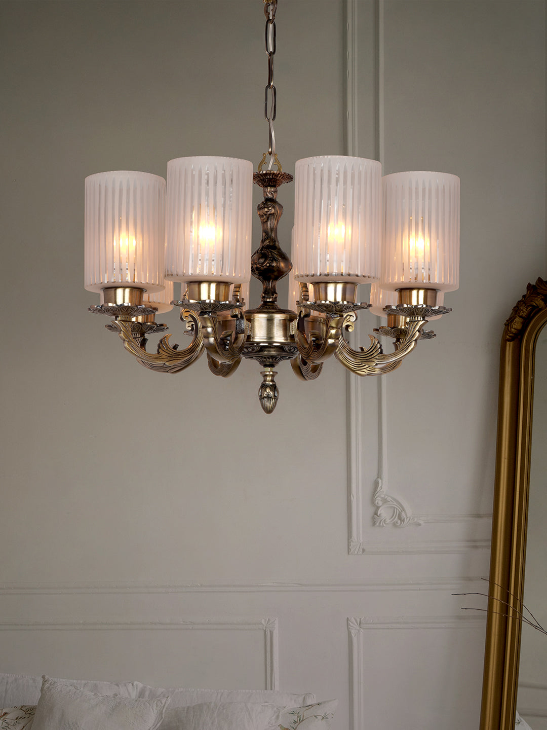Classic 22 Inch Wide 8-Light Aluminium Ceiling Chandelier Hanging With Vertical Striped Cylindrical Glass Shades