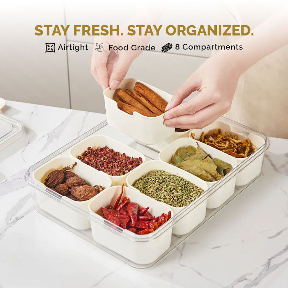 Divided Fridge Storage Boxes With 8 Serving Veggie Tray with Lid and Handle, Fridge Organizer with Removable 8 Compartment, Fridge Storage Containers (8 Compartment-1PC)