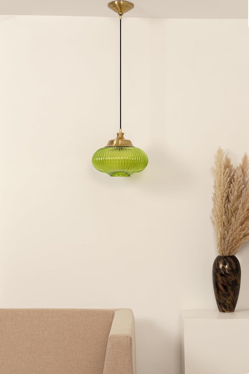 Ribbed Green Melon Glass Hanging Pendant Light Antique Brass Finish for Living Room, Bedroom, Home Decoration and Kitchen