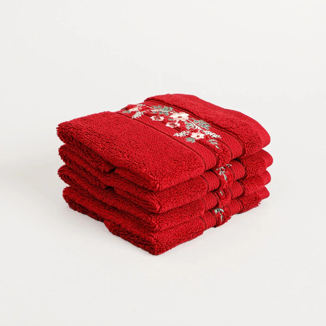 Aracelli Embroidered Maroon Face Towel Set Of 4