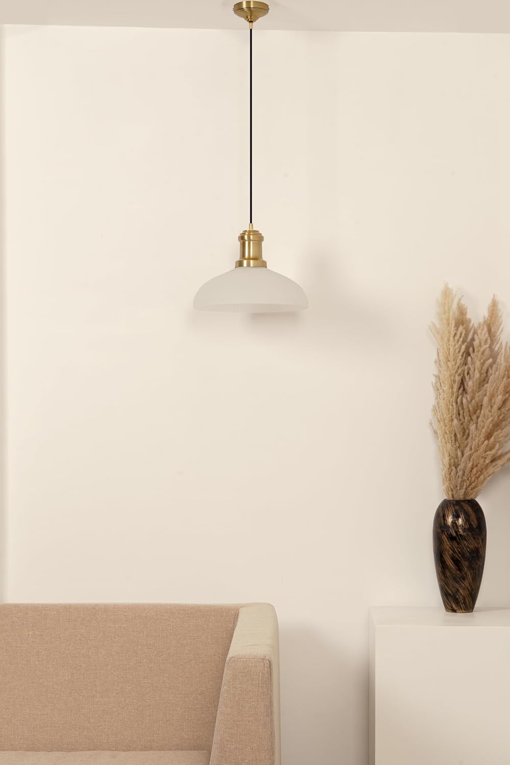 Ribbed Grey Luster Glass Pendant Light with Antique Brass Finish for Living Room, Bedroom, Kitchen and Dining